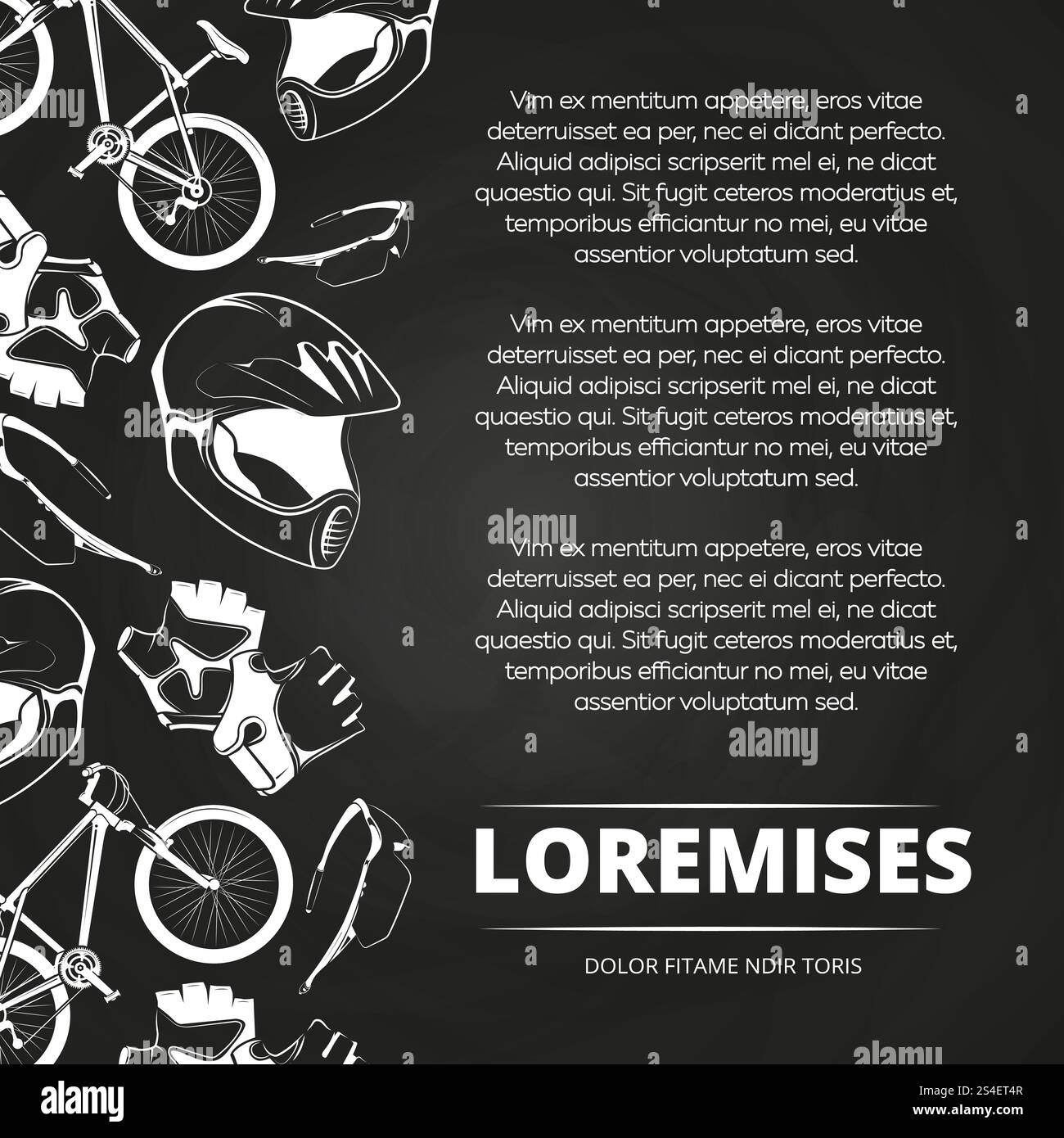 Bicycle shop blackboard poster with bicycle, helmet, glasses, gloves. Vector illustration. Bicycle shop poster Stock Vector
