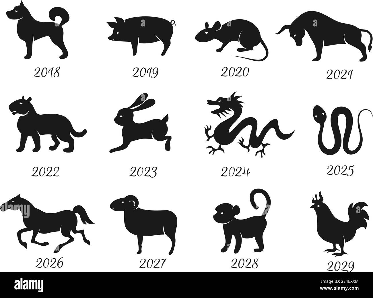 Chinese horoscope zodiac animals. Vector symbols of year. Chinese zodiac, animals horoscope illustration. Chinese horoscope zodiac animals. Vector symbols of year Stock Vector