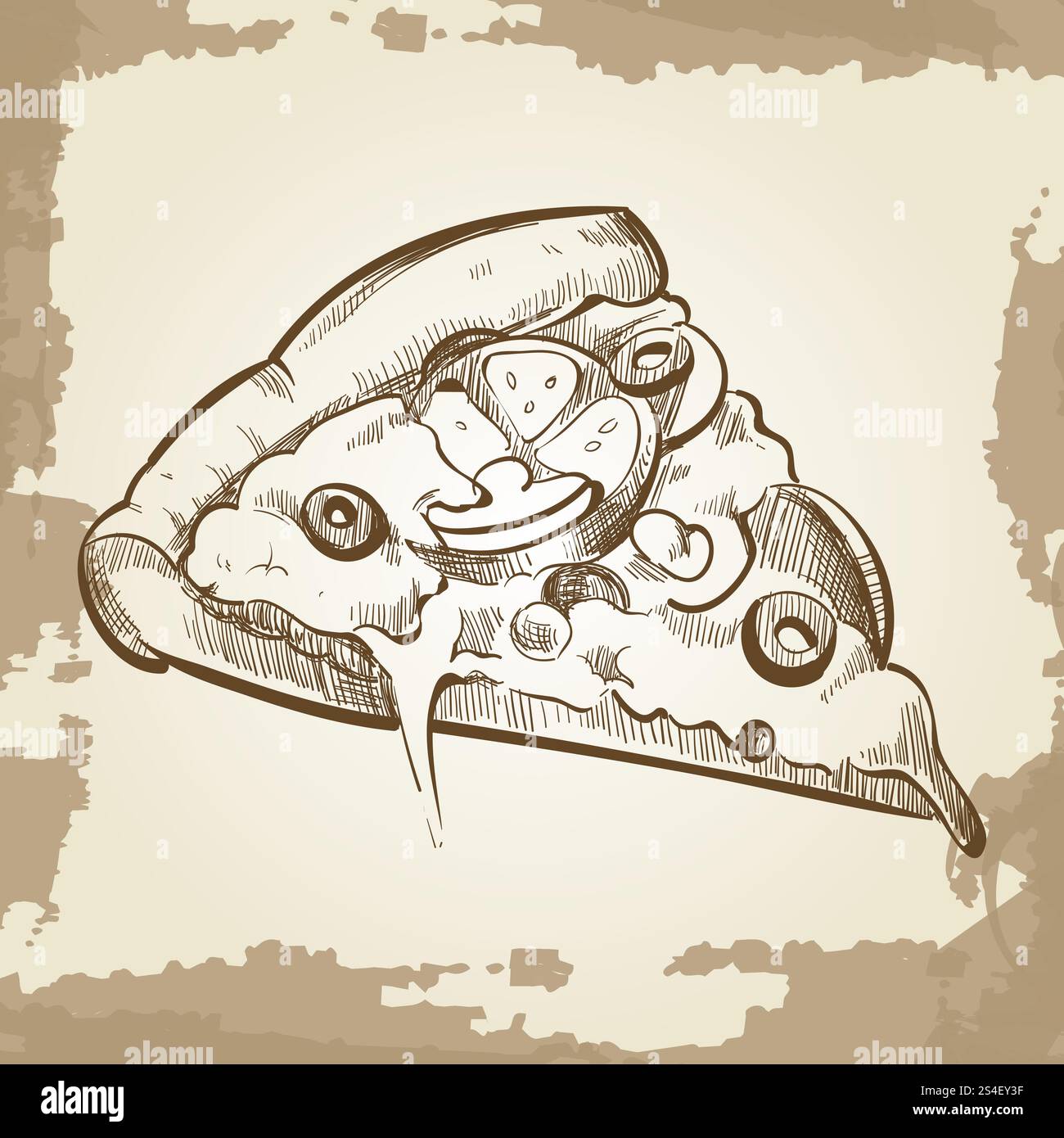 Hand sketched pizza on vintage grunge background - fast food poster. Vector illustration. Hand sketched pizza on vintage grunge background - fast food poster Stock Vector