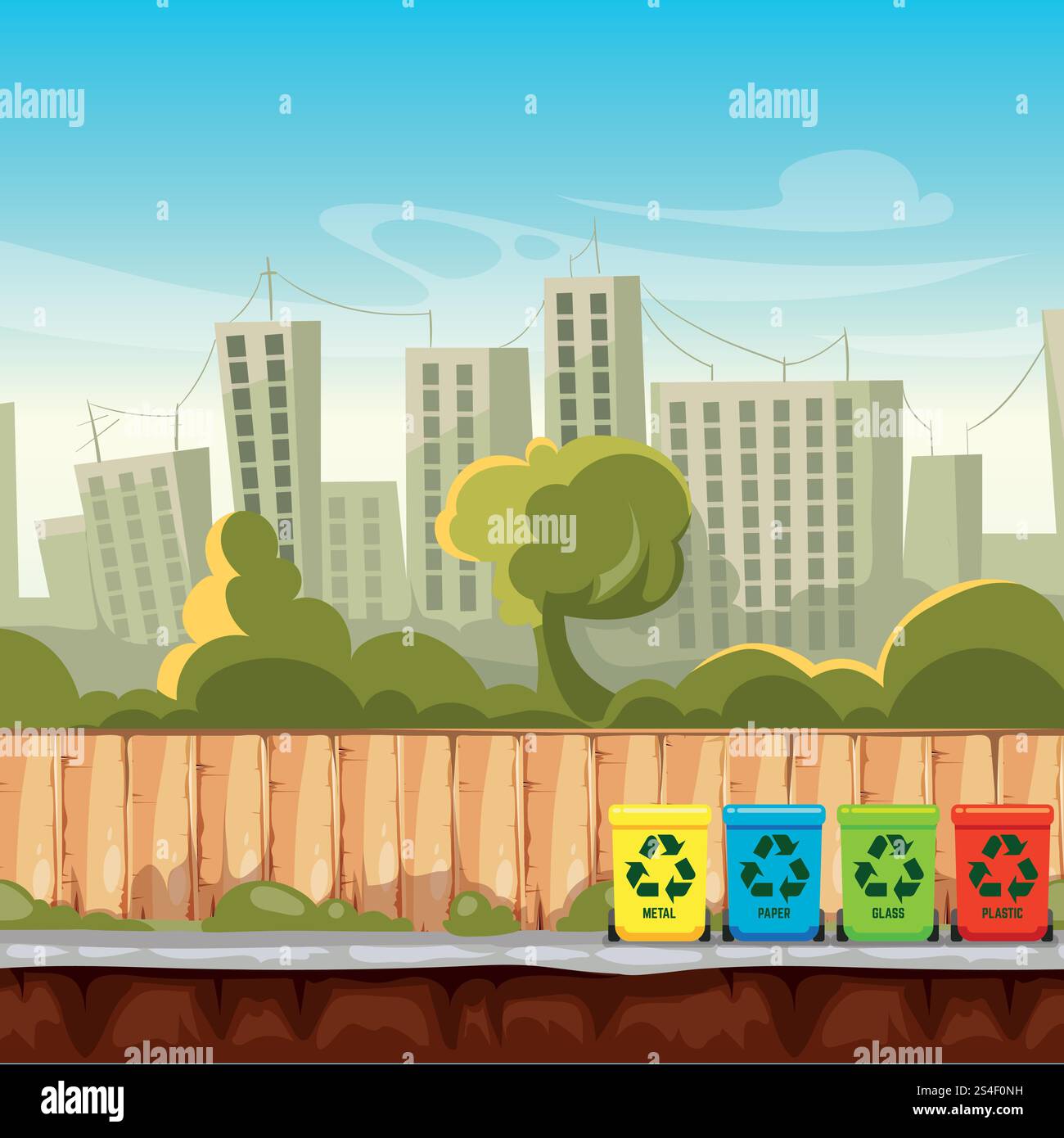 Recycle waste bins with cityscape background. Waste management concept. Recycle trash bin, separation and sorting container. Vector illustration. Recycle waste bins with cityscape background. Waste management concept Stock Vector