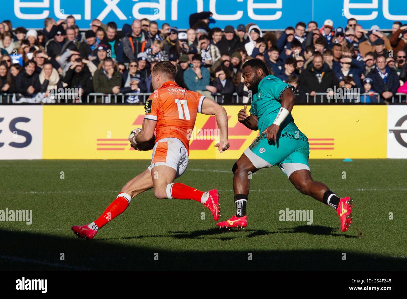 Duhan Van Der Merwe of Edinburgh and Filipo Nakosi of Vannes during the ...