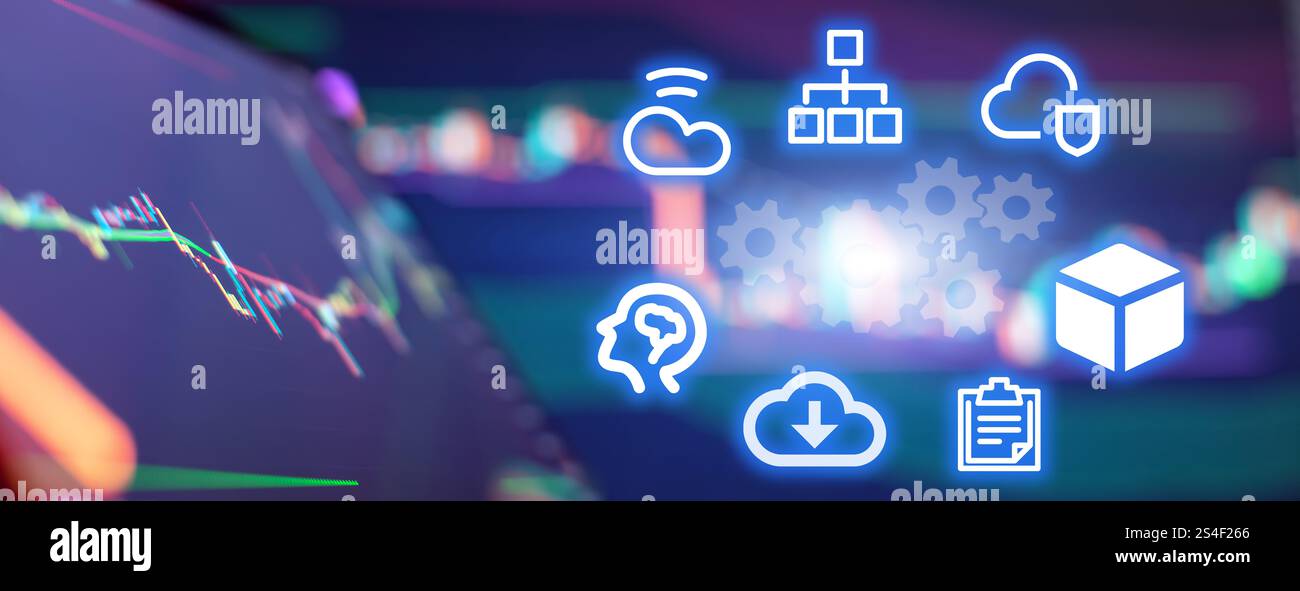Abstract digital technology interface with financial stock charts and cloud computing Stock Photo