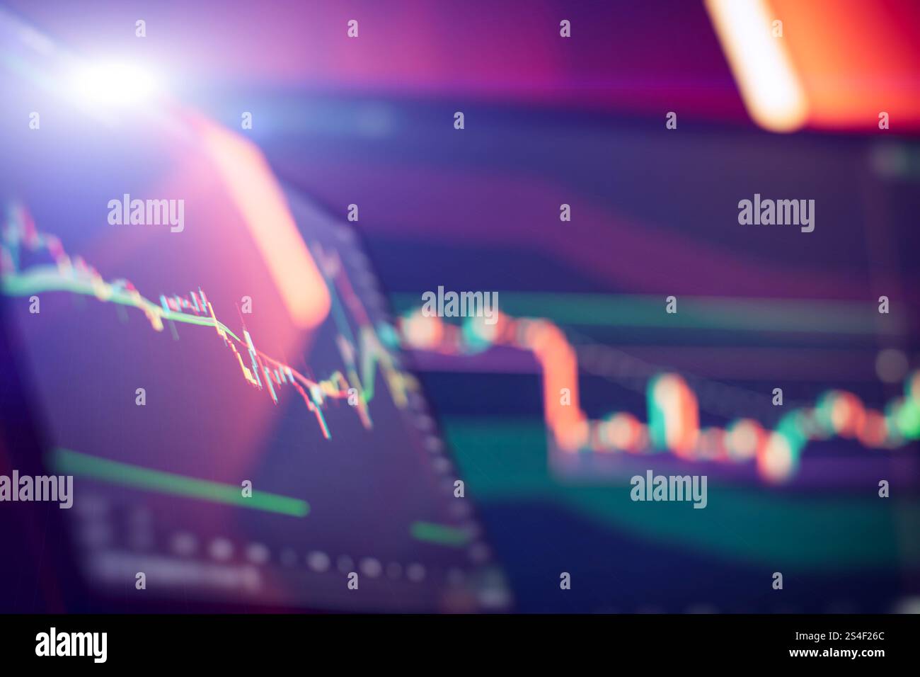 Abstract digital financial chart with colored candlestick charts, trend