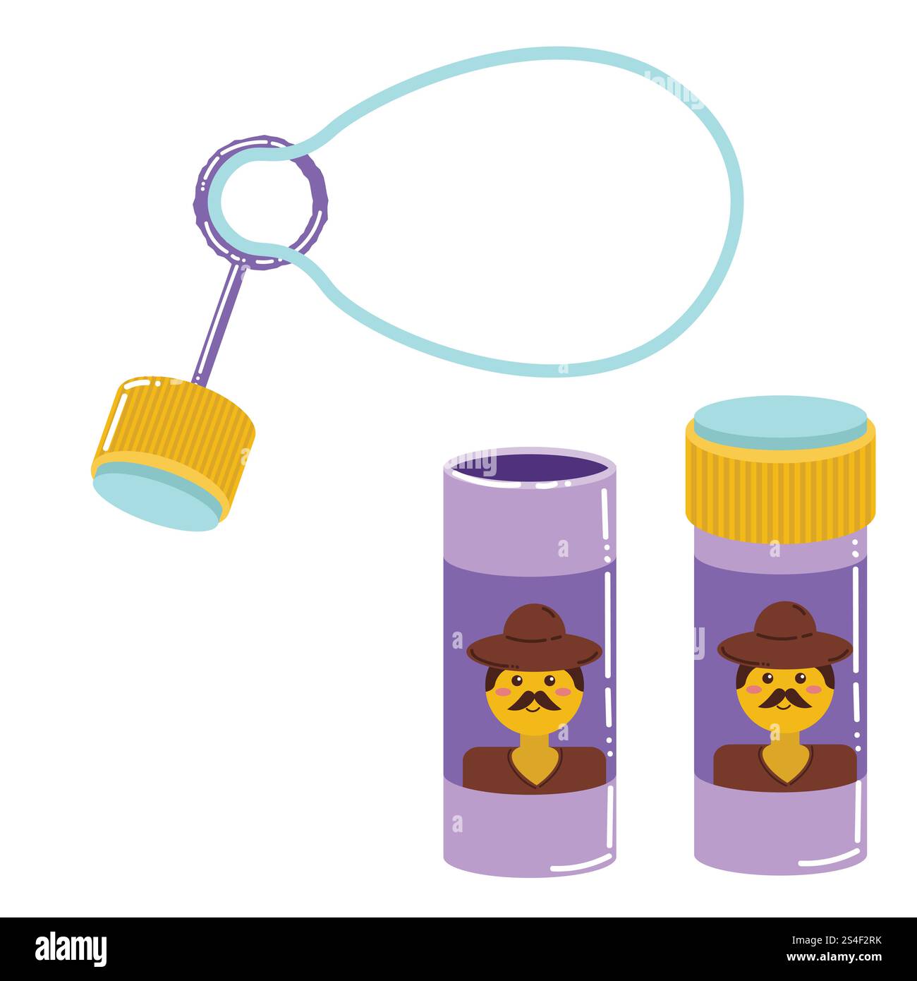 Cute colorful cartoon soap bubble toy bottle isolated on white background. Leisure or hobby for kids. Stock Vector