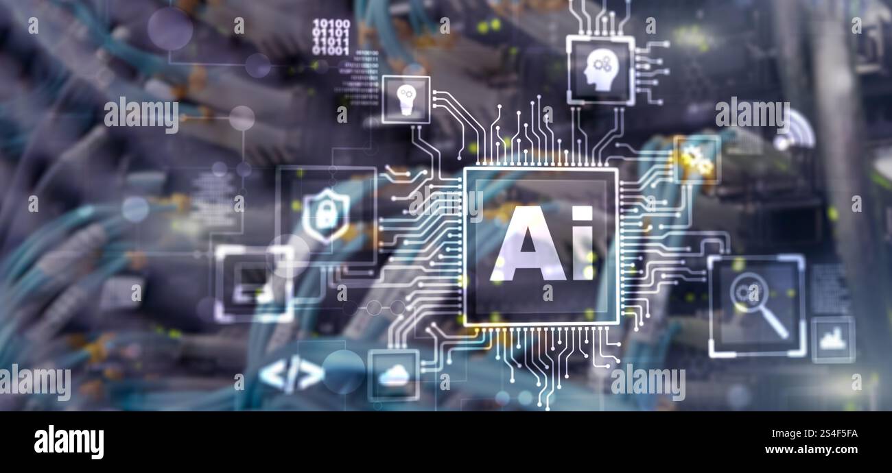 Artificial intelligence concept with businessman on blurred data center background. Stock Photo