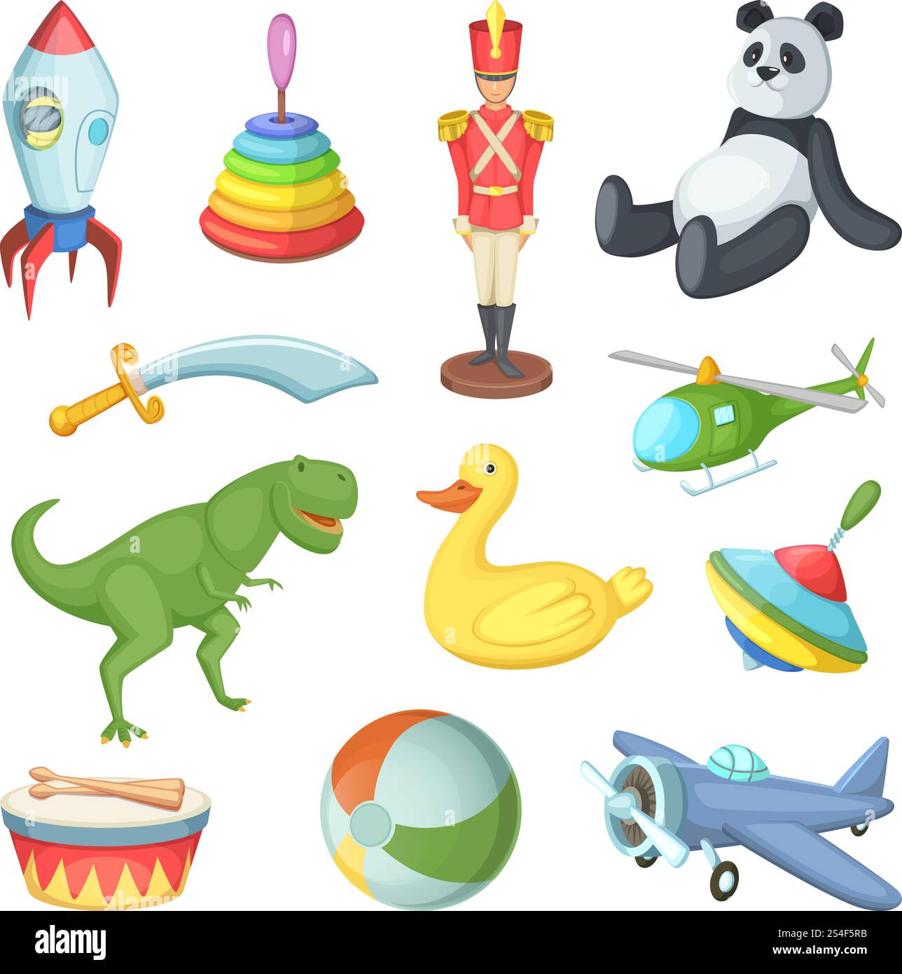 Vector illustration of funny cartoon toys for childrens isolate on white background. Cartoon plane and toys animal, whirligig and rocket toy. Vector illustration of funny cartoon toys for childrens isolate on white background Stock Vector