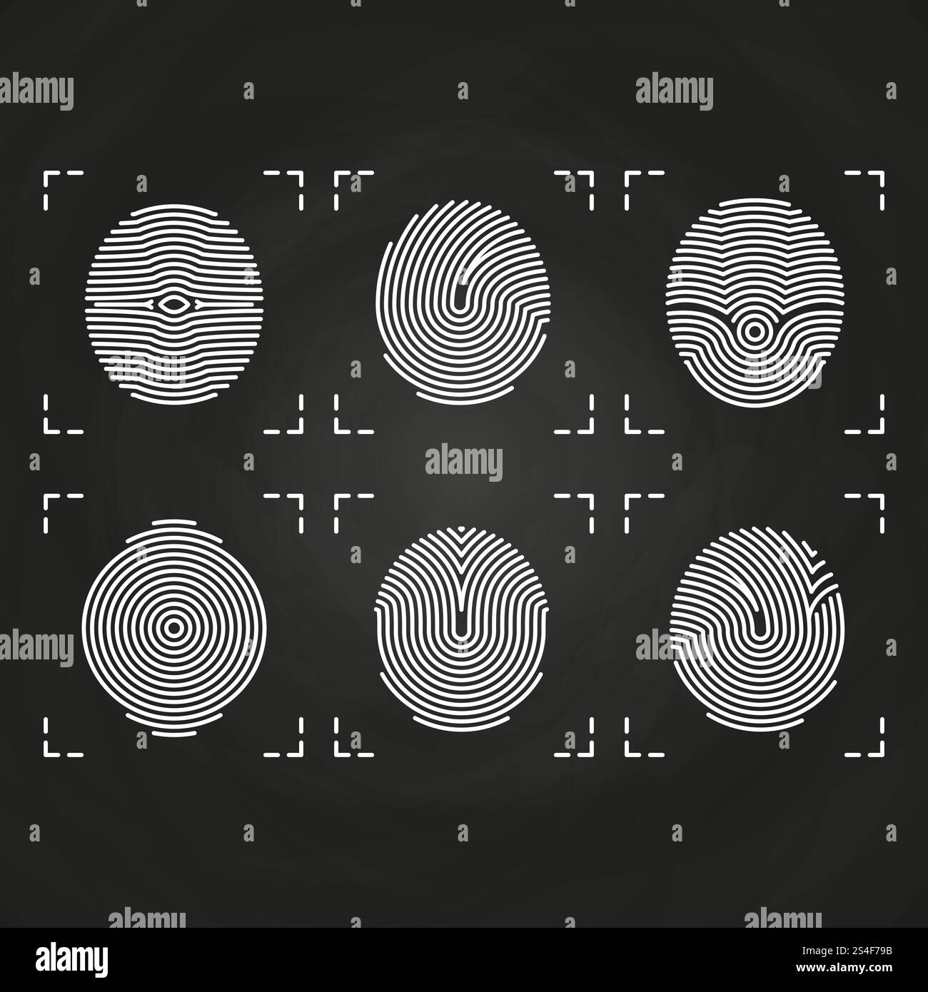 White fingerprints icons collection on chalkboard. Fingerprint identity ...