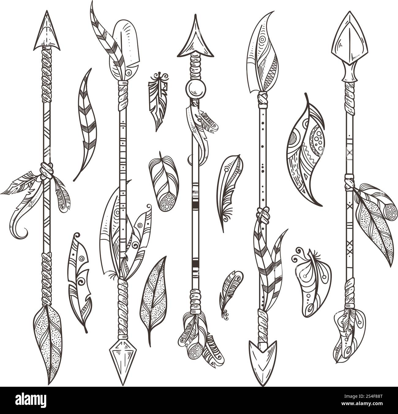 Decorative arrows and feathers set in boho style. Native indian vector ...