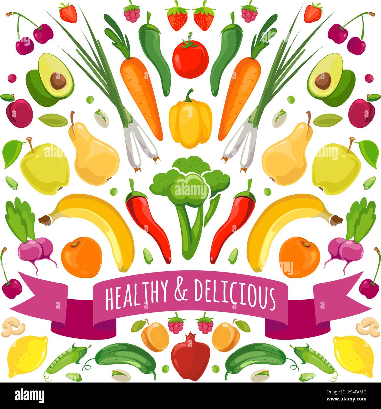 Vector illustration of fruits and vegetables. Food fruit and vegetable ...