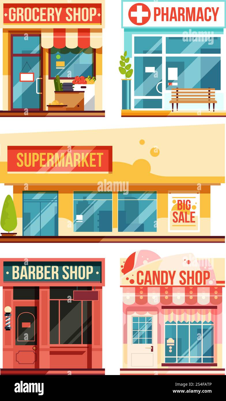 Fast food restaurant and boutiques. Vector set isolate on white ...