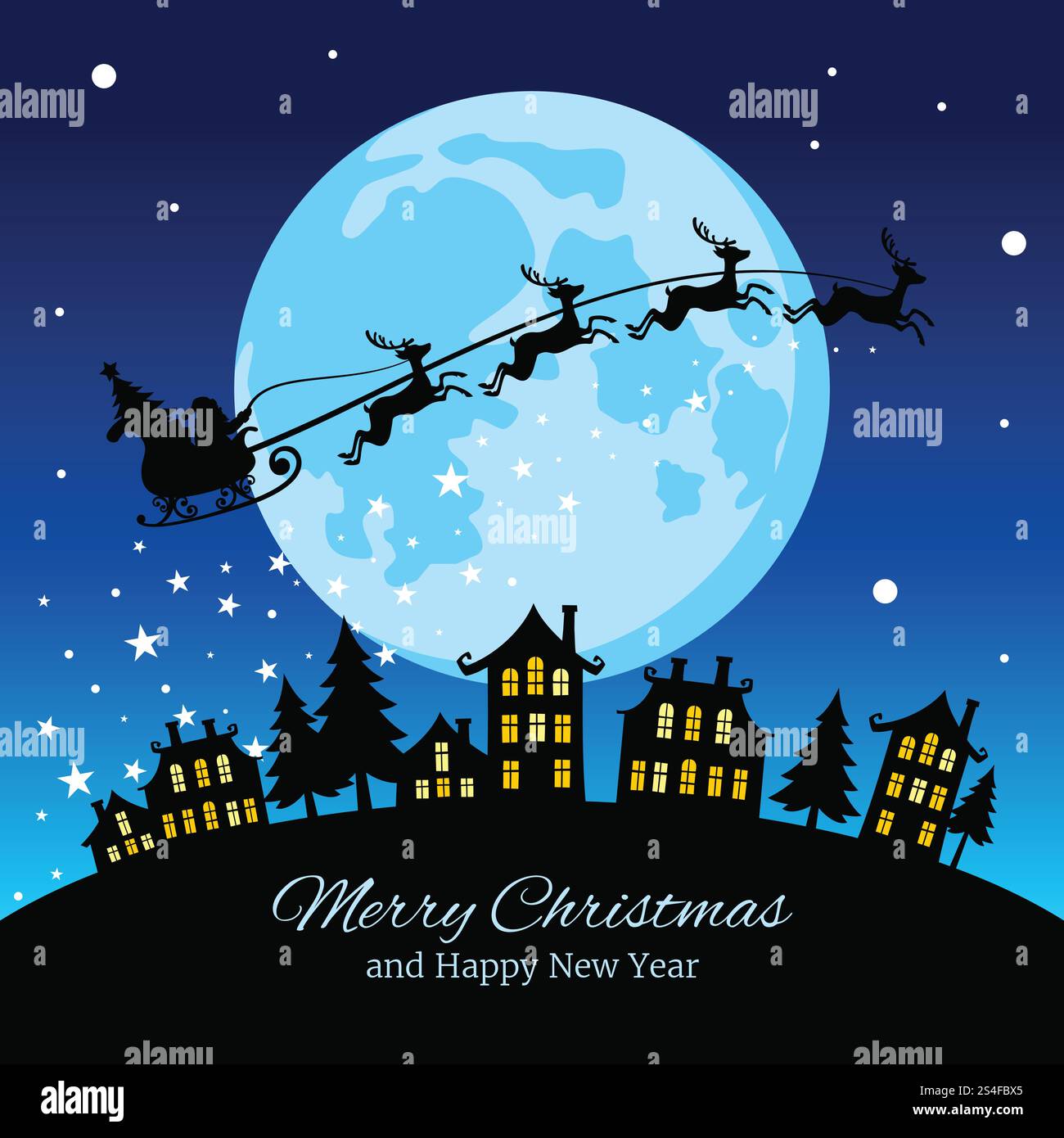 Christmas greeting card with santa and deers flying sky over city ...