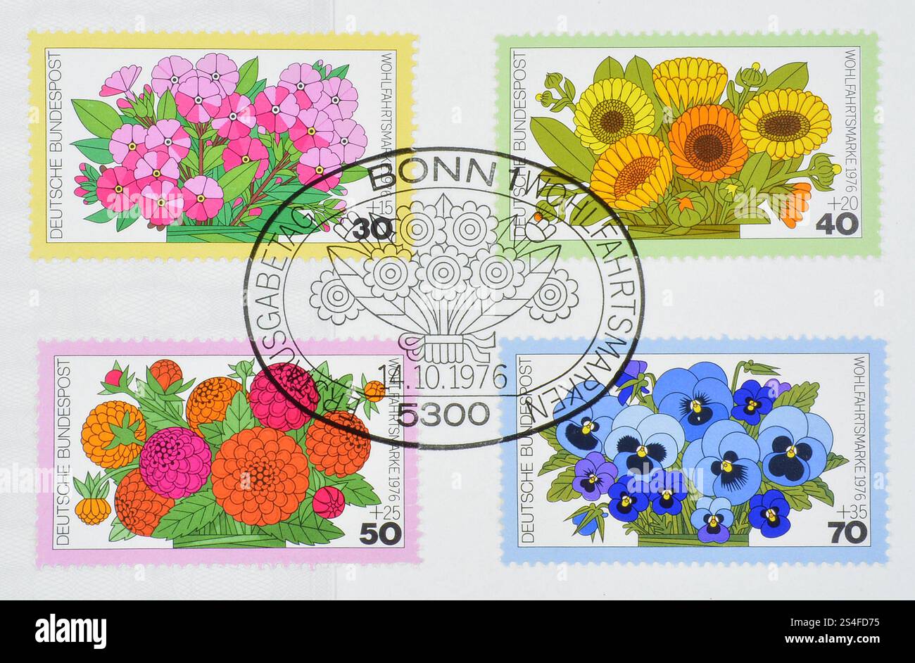 Cancelled postage stamps printed by Germany, that show Welfare: Garden flowers, circa 1976. Stock Photo