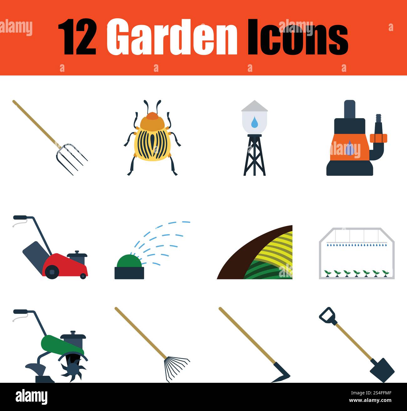 Set of gardening icons. Full color design. Vector illustration Stock ...