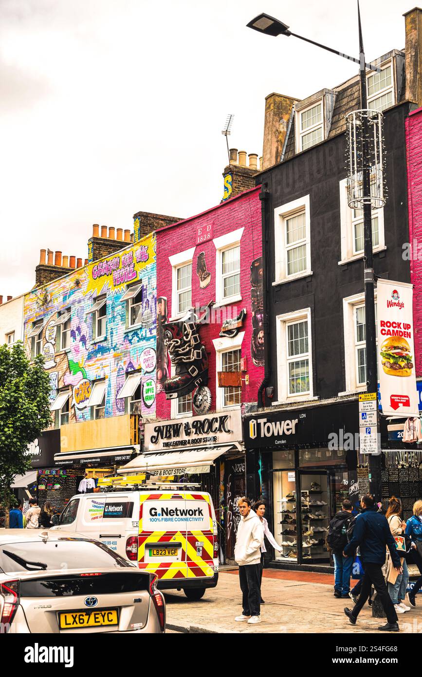 A lively scene from the colorful streets of Camden Market in London ...