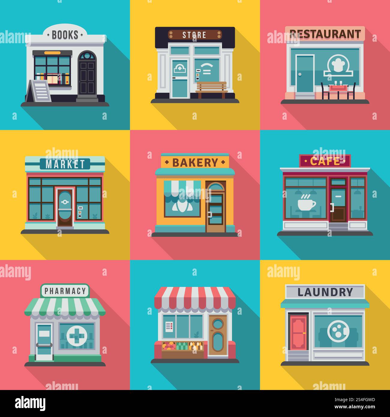 Set of flat shop building facades icons. Vector illustration for local ...