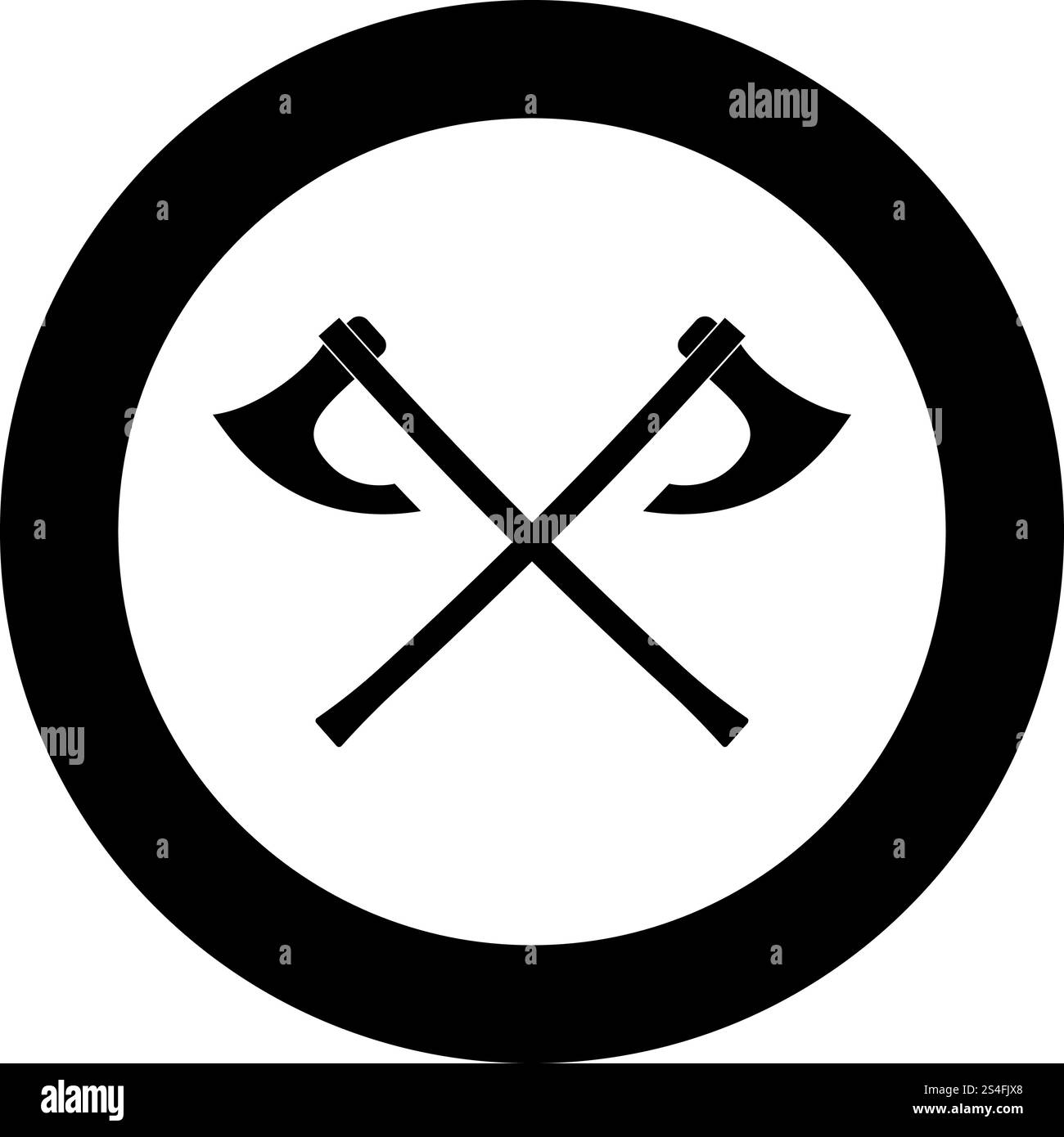 Two battle axes vikings icon black color vector in circle round illustration flat style simple image. Two battle axes vikings icon black color vector in circle round illustration flat style image Stock Vector