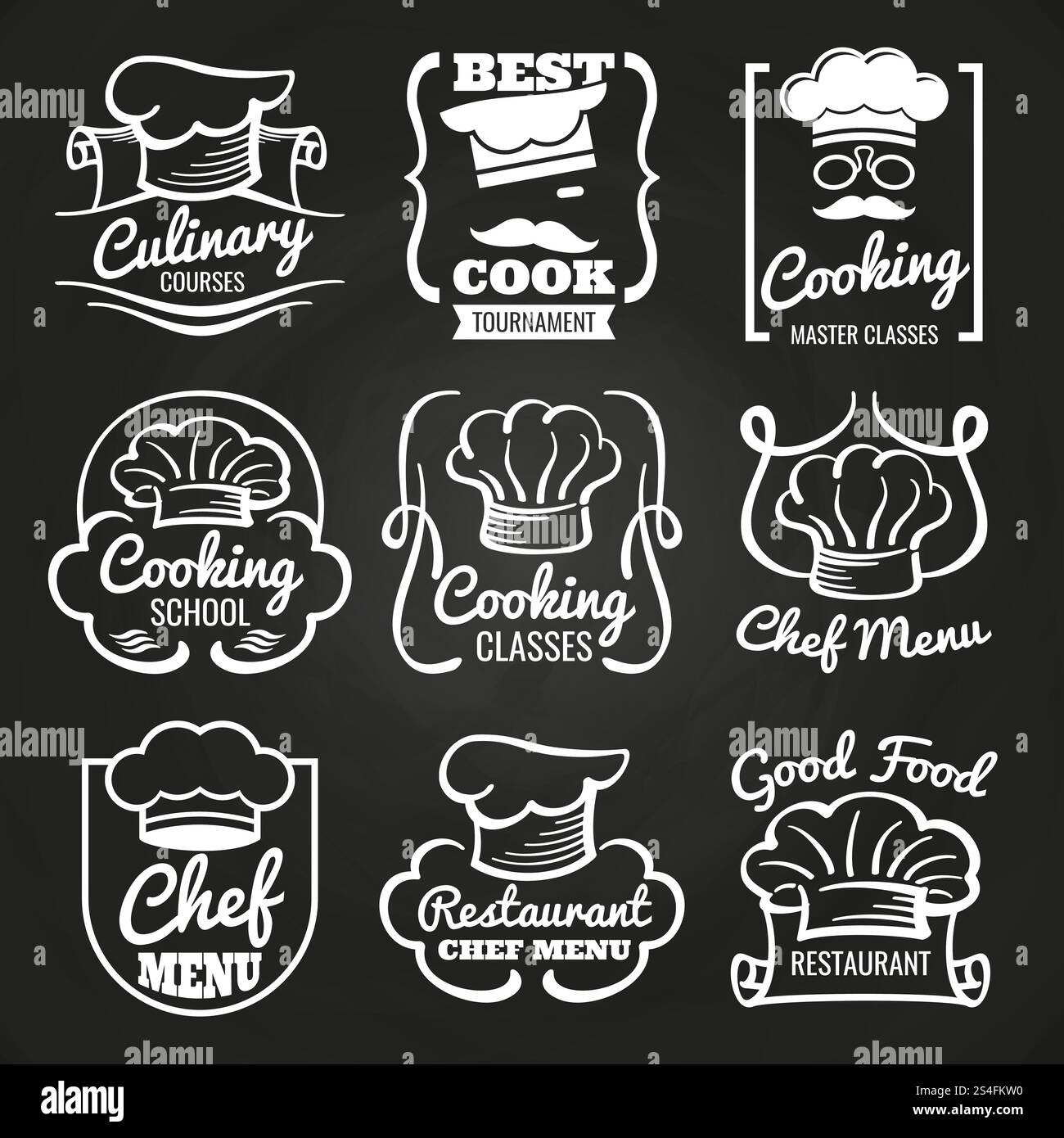 Chef hat emblem - cafe, restaurant or bakery logos on chalkboard. Chef ...