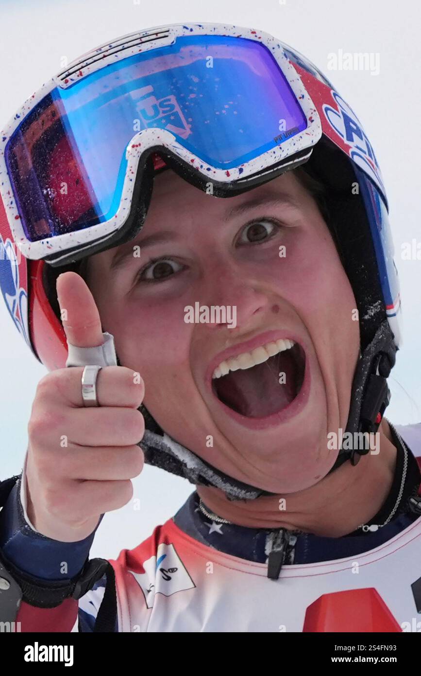 United States' Lauren Macuga reacts after completing an alpine ski