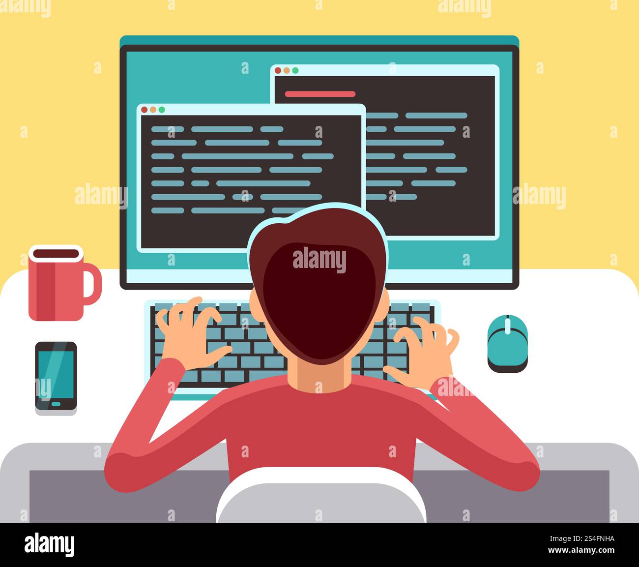 Young man programmer working on computer with code on screen. Student programming vector concept. Man work with computer, programmer professional and character of freelancer on workplace illustration. Young man programmer working on computer with code on screen. Student programming vector concept Stock Vector