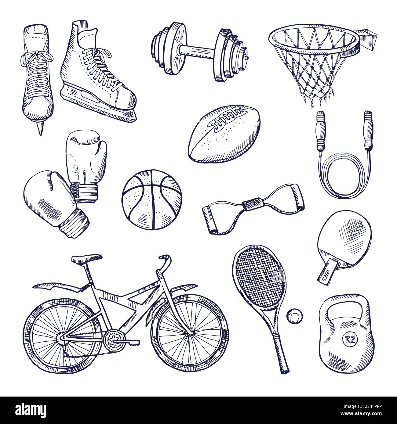 Illustrations of different sports fitness equipment. Vector doodle ...