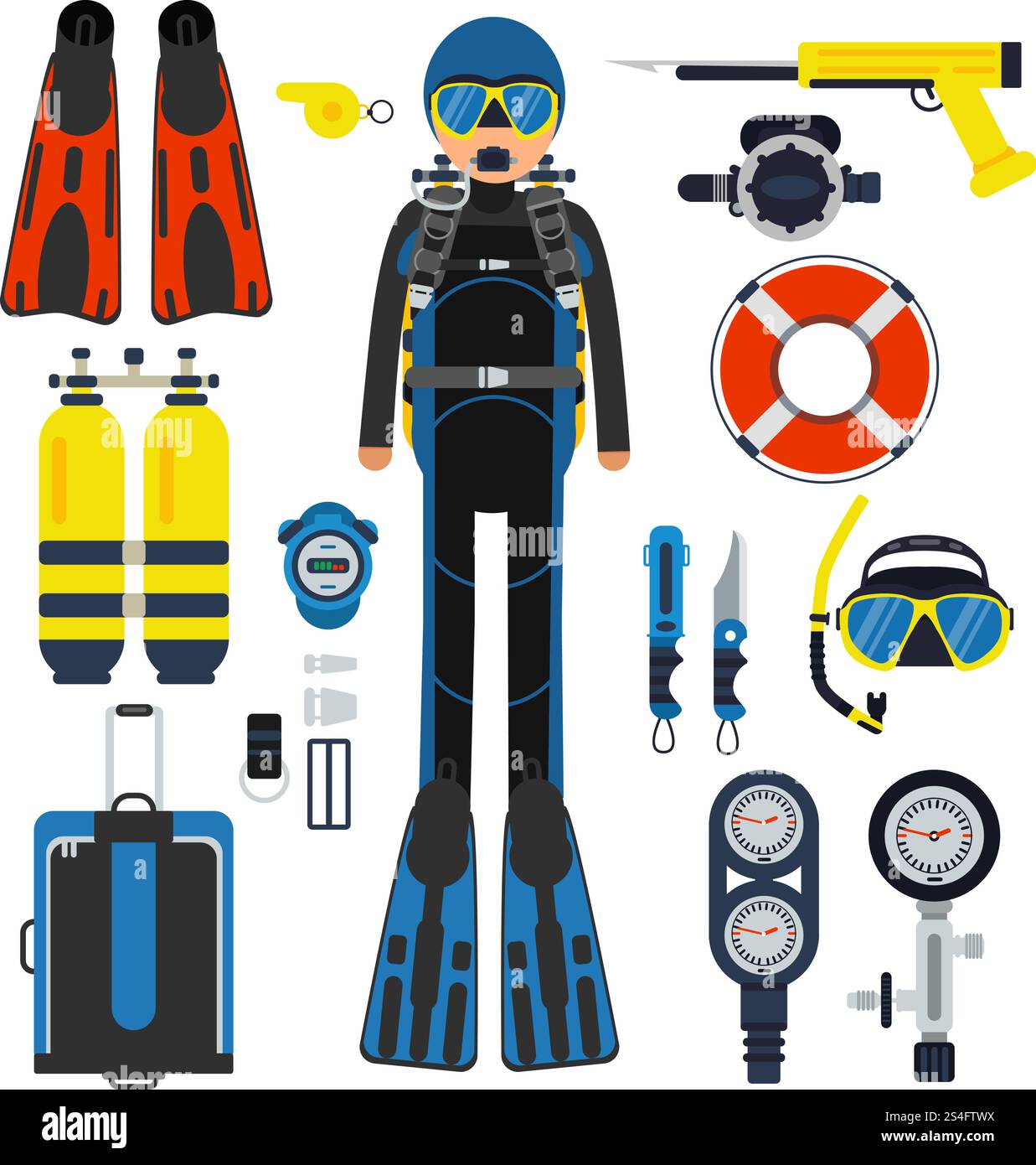 Equipment for underwater sport. Gas, scuba wetsuit and flippers ...