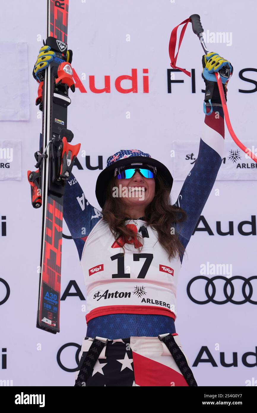 The winner United States' Lauren Macuga celebrates after an alpine ski