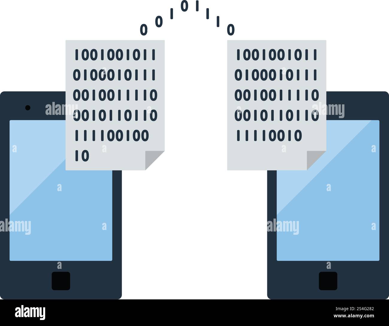 Exchanging Data Icon. Two Smartphones Exchanging Binary Code. Flat color design. Data series. Vector illustration. Stock Vector