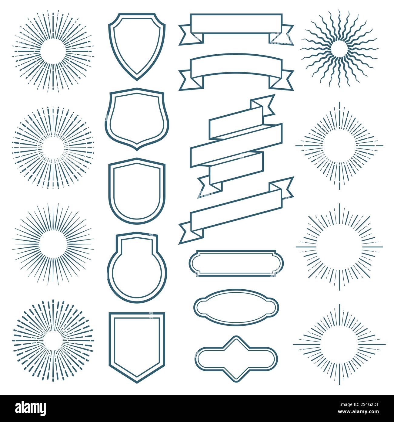 Vintage sunburst frames, ribbon banners and labels vector elements in art deco style. Sunburst and ribbon badge label, vintage ray frame illustration. Vintage sunburst frames, ribbon banners and labels vector elements in art deco style Stock Vector