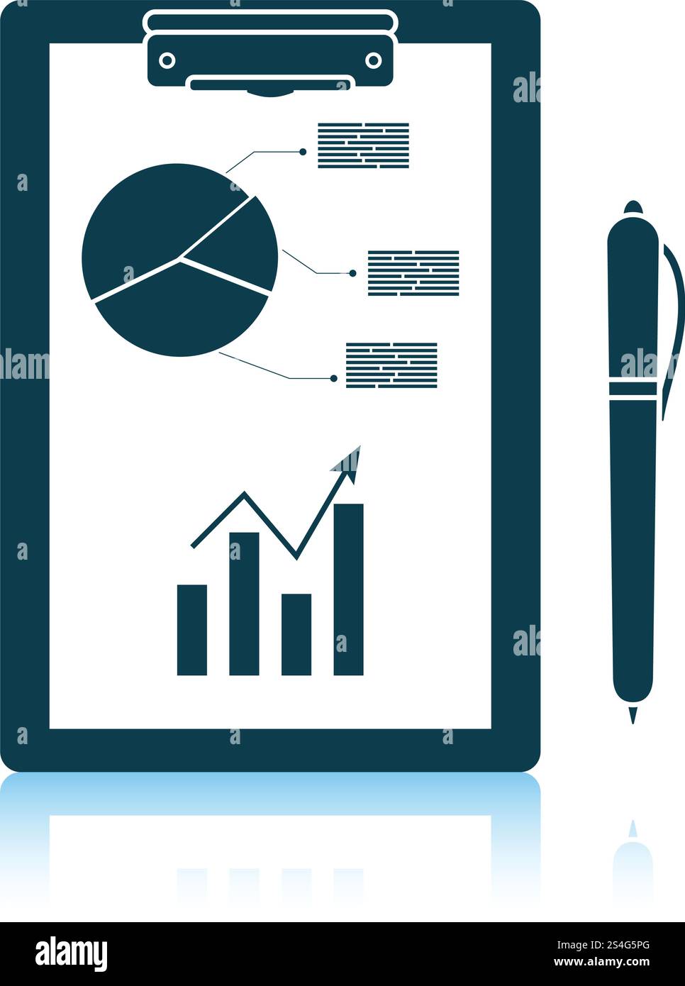 Writing tablet with analytics chart and pen icon. Shadow reflection design. Vector illustration. Stock Vector