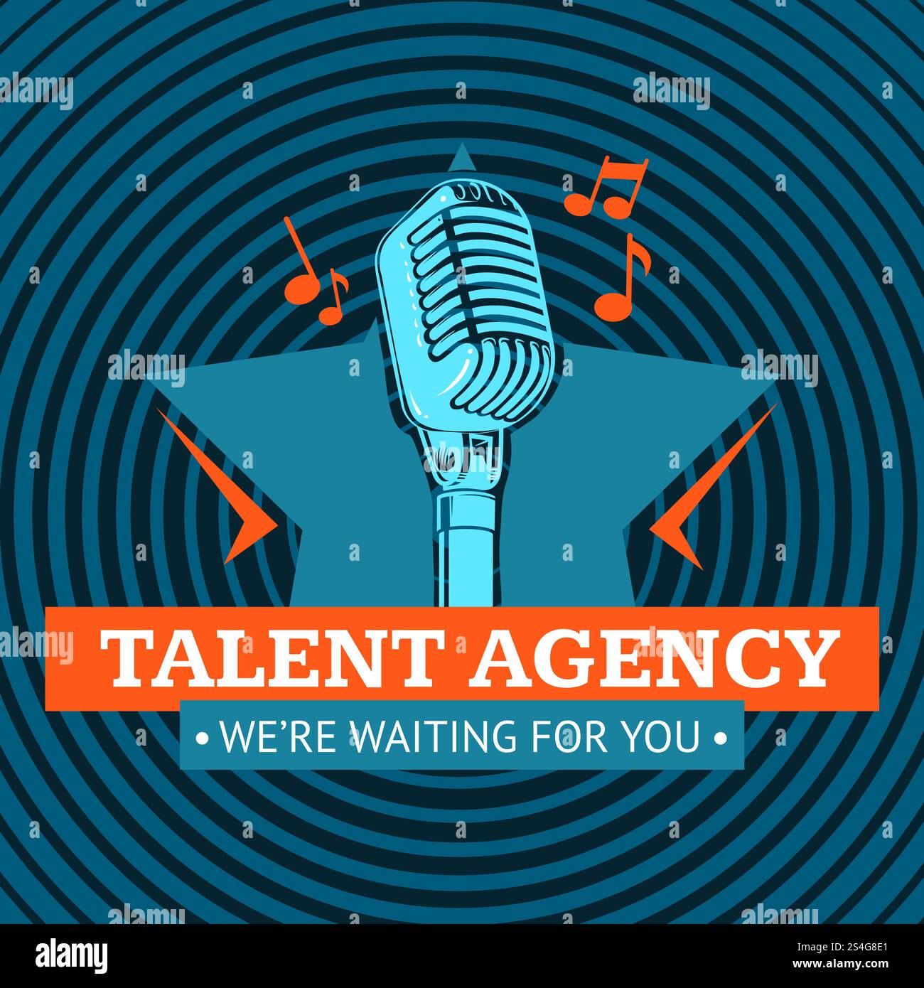 Talent agency logo, emblem with star and retro microphone on radio signal circles background. Vector illustration. Vector talent agency logo, emblem with star and retro microphone on radio signal circles background Stock Vector