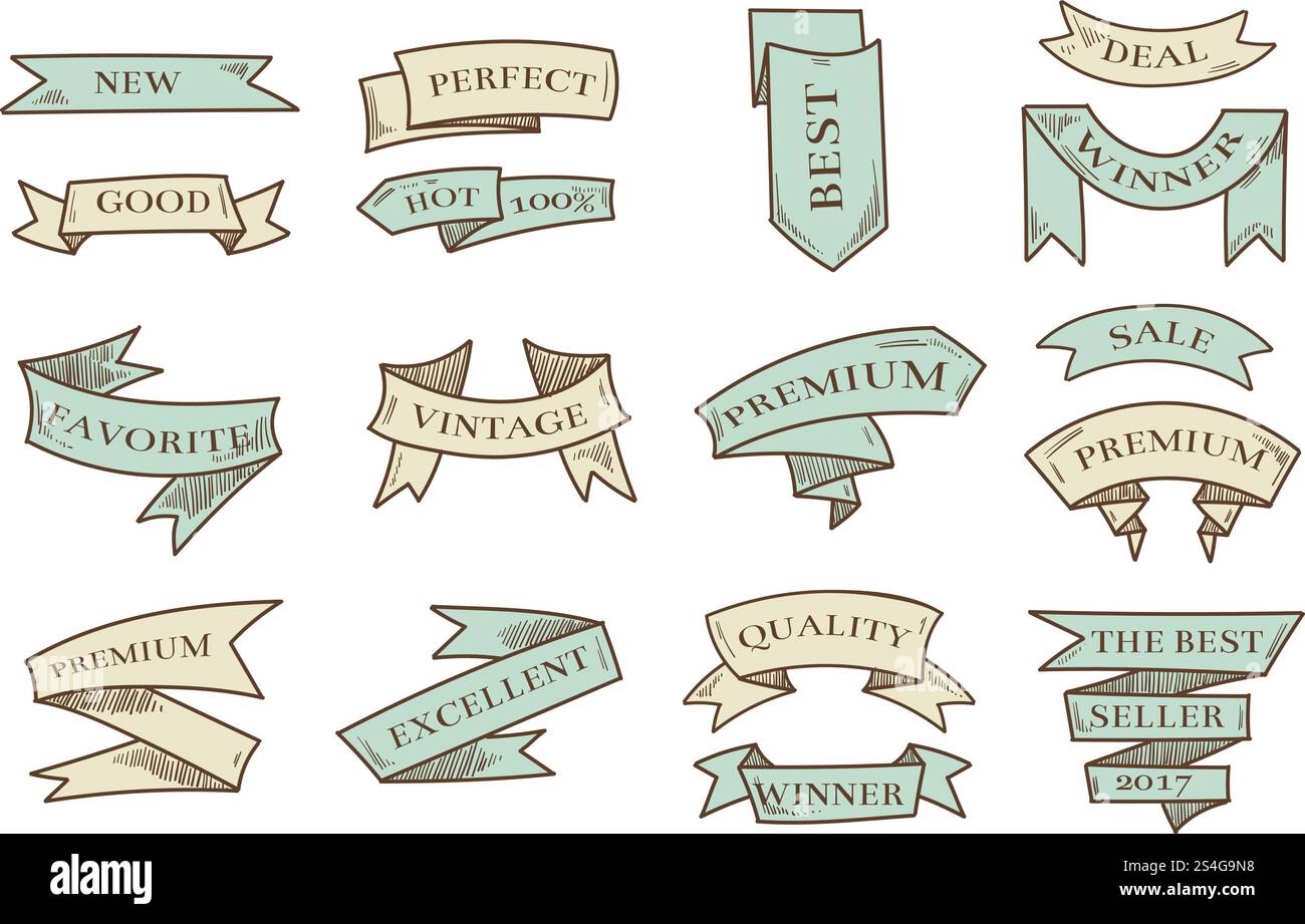 Retro hand drawn cartoon vector ribbons with marketing messages ...