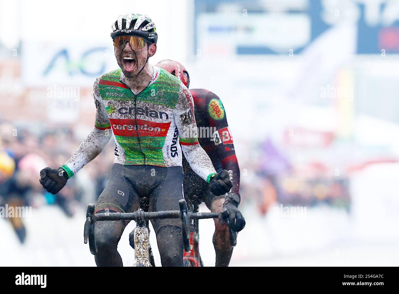 Belgian Aaron Dockx crosses the finish line to win the men U23 race of ...