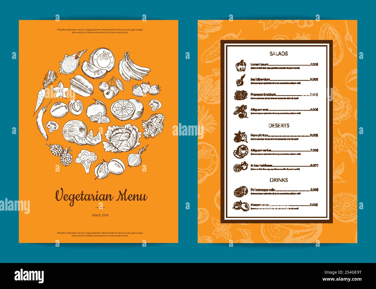 Vector handdrawn fruits and vegetables vegan menu template with frame ...