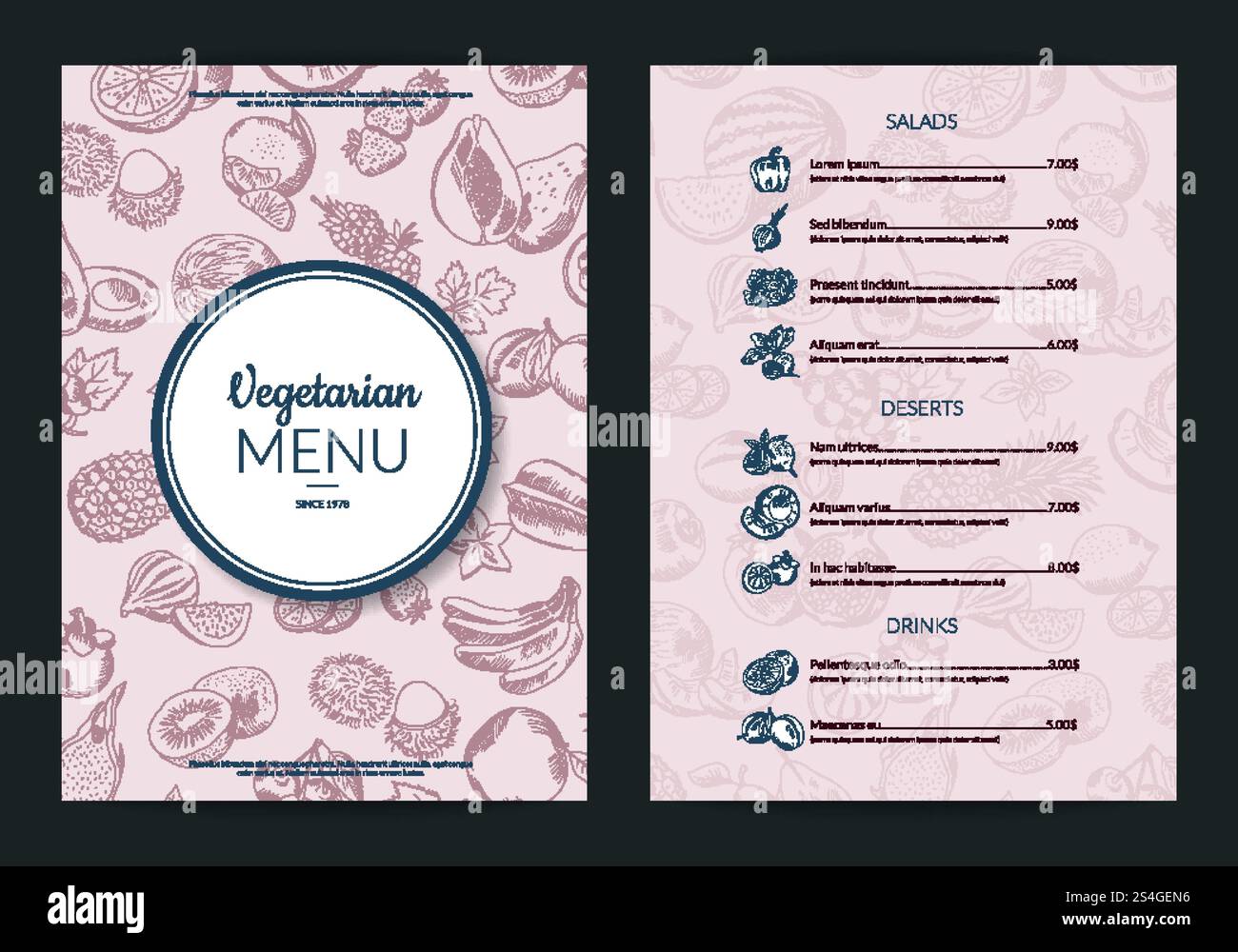 Vector doodle handdrawn fruits and vegetables vegan healthy menu design ...