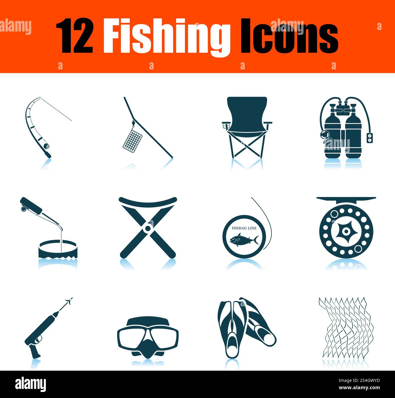 Fishing Icon Set. Shadow Reflection Design. Vector Illustration. Stock Vector