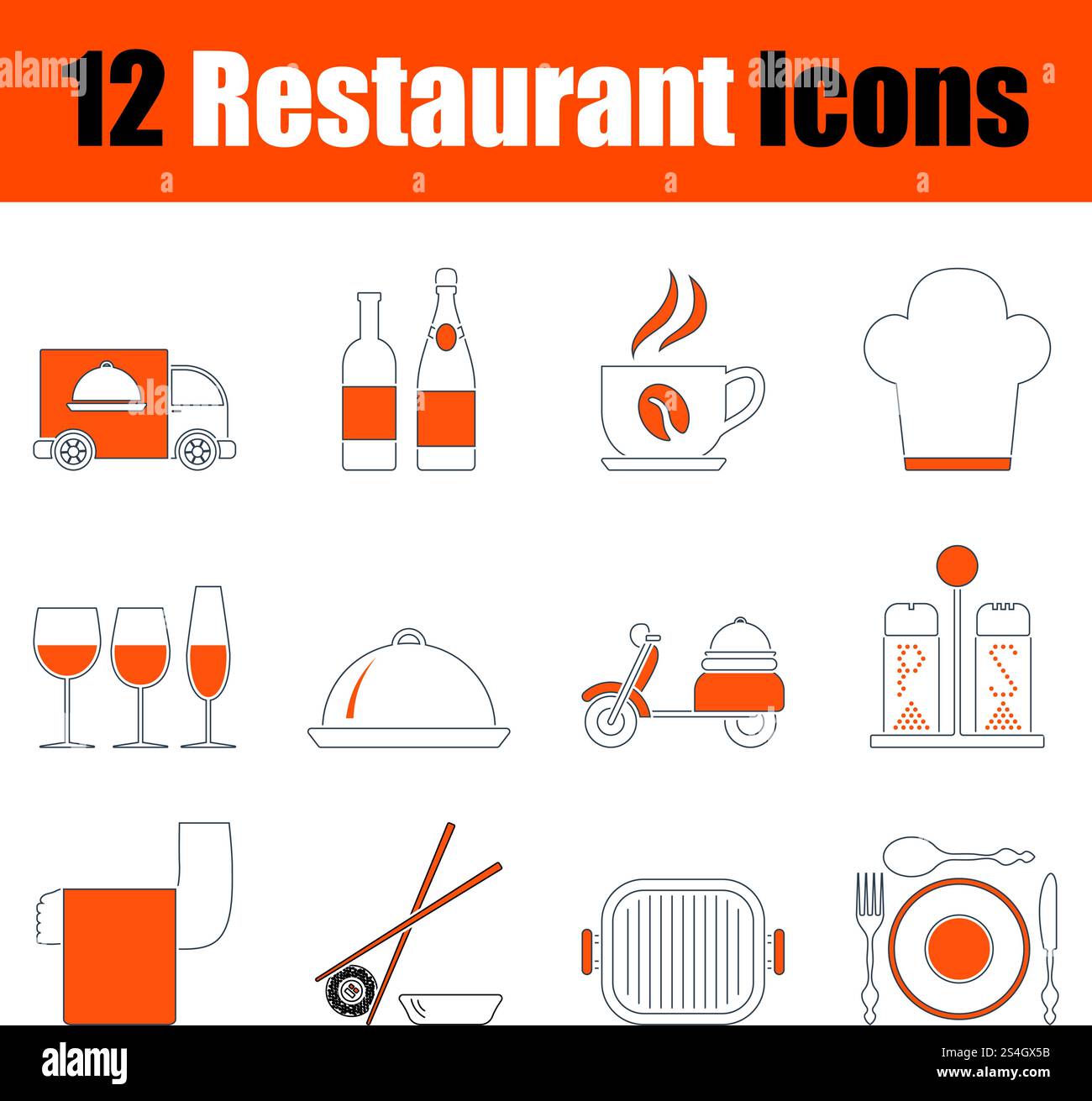 Restaurant Icon Set. Thin Line With Orange Design. Fully editable vector illustration. Text expanded. Stock Vector