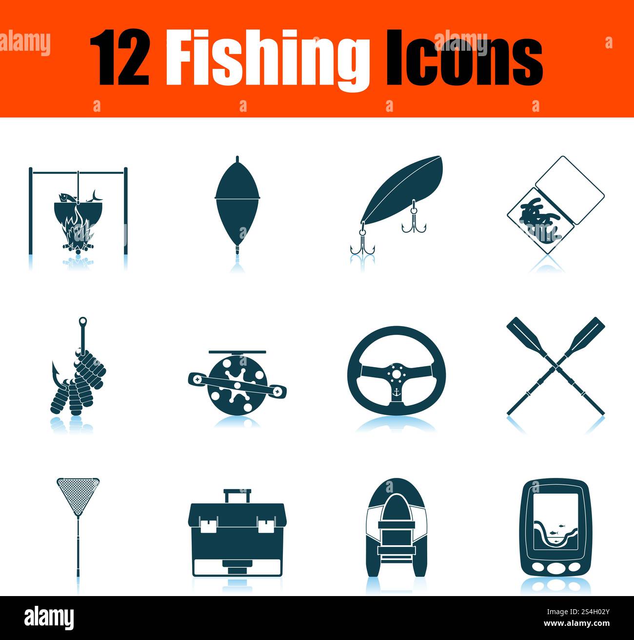 Fishing Icon Set. Shadow Reflection Design. Vector Illustration. Stock Vector