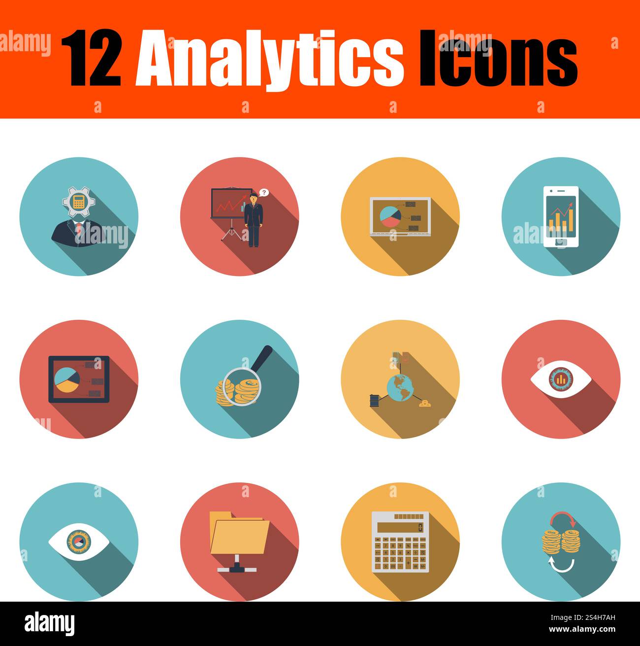 Analytics Icon Set. Flat Design With Long Shadow. Vector illustration. Stock Vector