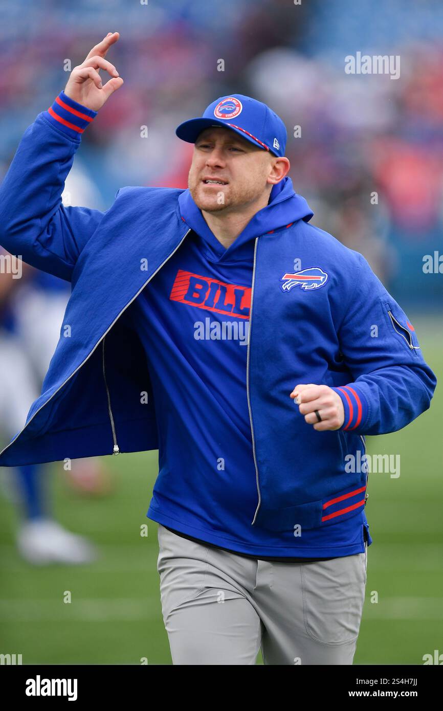 Buffalo Bills offensive coordinator Joe Brady reacts before an NFL