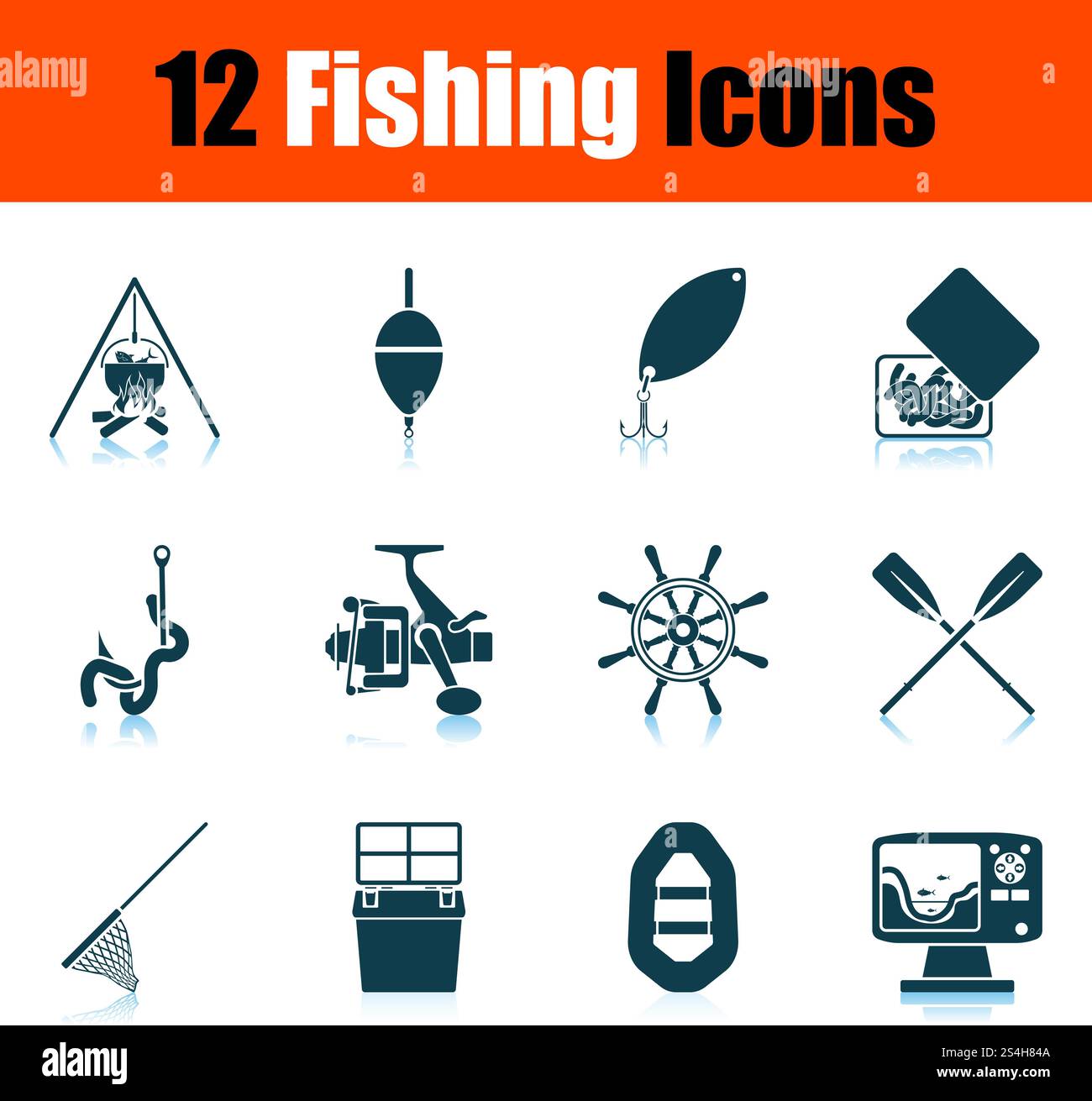 Fishing Icon Set. Shadow Reflection Design. Vector Illustration. Stock Vector