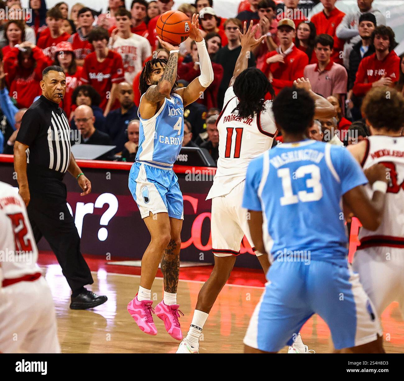 January 12, 2025: North Carolina senior RJ Davis (4) shoots the ball ...