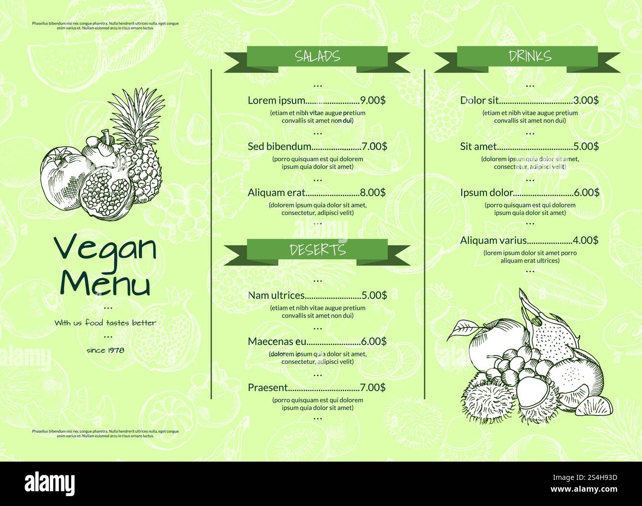 Vector horizontal one page doodle handdrawn fruits and vegetables vegan ...
