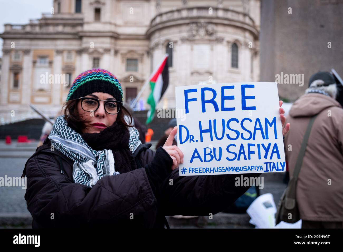 Rome, Rm, Italy. 12th Jan, 2025. ''Healthcare Workers for Gaza'' gather in Esquilino Square in solidarity with Palestinians and demanding the release of Dr. Hussam Abu Safiyah, director of the Kamal Adwan hospital in Gaza, arrested by Israeli Army on December 27th, 2024. (Credit Image: © Marco Di Gianvito/ZUMA Press Wire) EDITORIAL USAGE ONLY! Not for Commercial USAGE! Credit: ZUMA Press, Inc./Alamy Live News Stock Photo