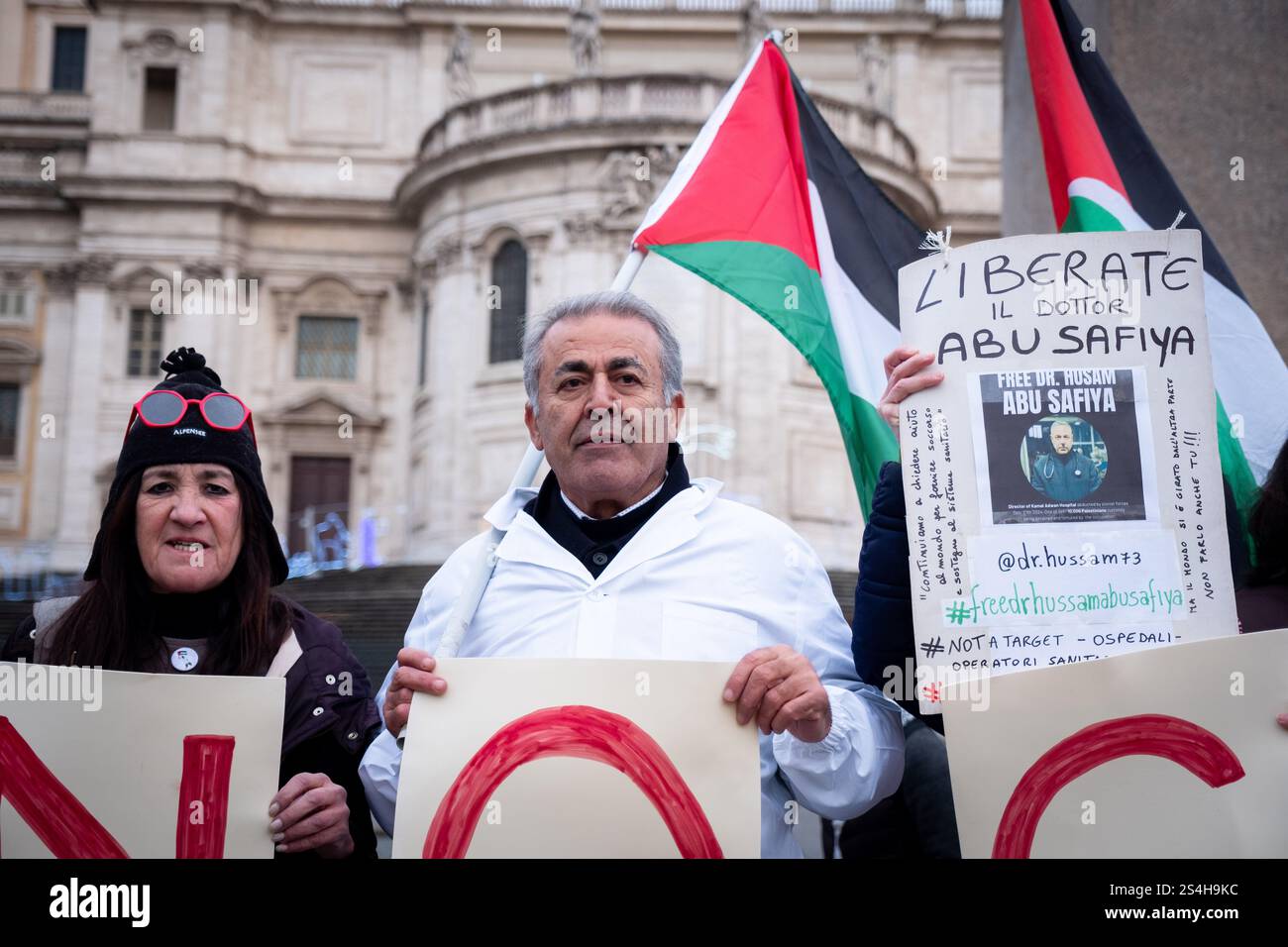 Rome, Rm, Italy. 12th Jan, 2025. ''Healthcare Workers for Gaza'' gather in Esquilino Square in solidarity with Palestinians and demanding the release of Dr. Hussam Abu Safiyah, director of the Kamal Adwan hospital in Gaza, arrested by Israeli Army on December 27th, 2024. (Credit Image: © Marco Di Gianvito/ZUMA Press Wire) EDITORIAL USAGE ONLY! Not for Commercial USAGE! Credit: ZUMA Press, Inc./Alamy Live News Stock Photo