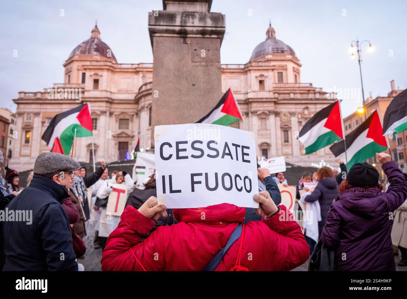 Rome, Rm, Italy. 12th Jan, 2025. ''Healthcare Workers for Gaza'' gather in Esquilino Square in solidarity with Palestinians and demanding the release of Dr. Hussam Abu Safiyah, director of the Kamal Adwan hospital in Gaza, arrested by Israeli Army on December 27th, 2024. ''Cease-fire'' reads the sign. (Credit Image: © Marco Di Gianvito/ZUMA Press Wire) EDITORIAL USAGE ONLY! Not for Commercial USAGE! Credit: ZUMA Press, Inc./Alamy Live News Stock Photo