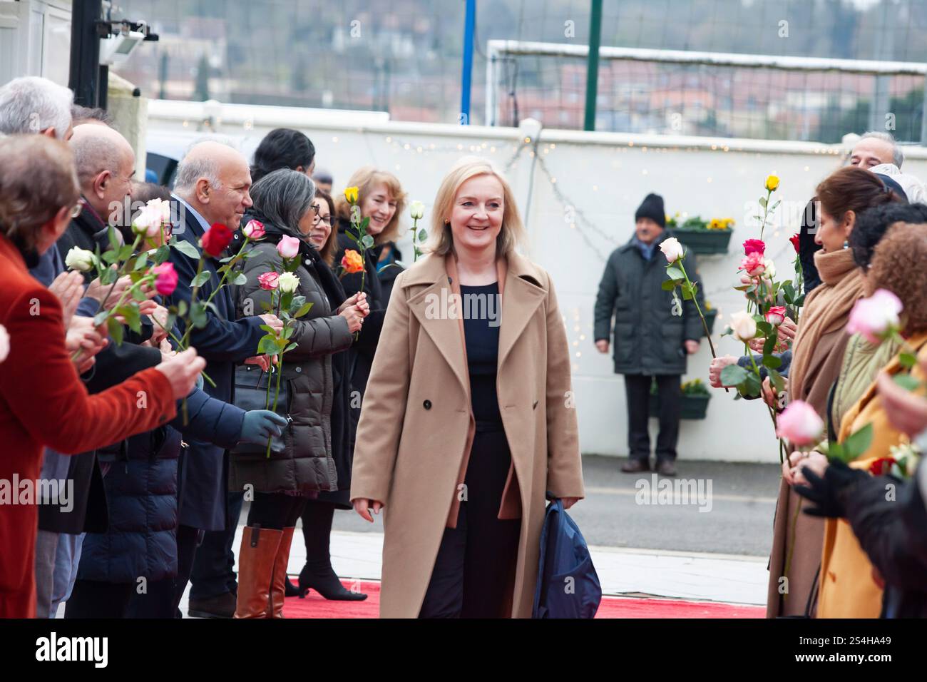 Auvers Sur Oise, France. 11th Jan, 2025. Liz Truss, former Prime Minister of the United Kingdom is welcomed by the Iranians at the conference. In a gathering at the Trans-Atlantic conference held in Auvers-sur-Oise (north of Paris) titled New Policy toward the Iranian Regime. Standing with the Organized Resistance, former world leaders and military officials from Europe and the U.S. convened to discuss and propose a new strategic approach towards Iran. Credit: SOPA Images Limited/Alamy Live News Stock Photo