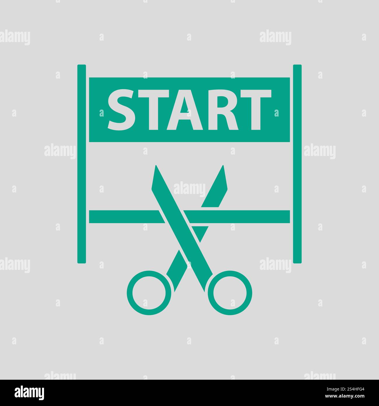 Scissors Cutting Tape Between Start Gate Icon. Green on Gray Background. Vector Illustration. Stock Vector