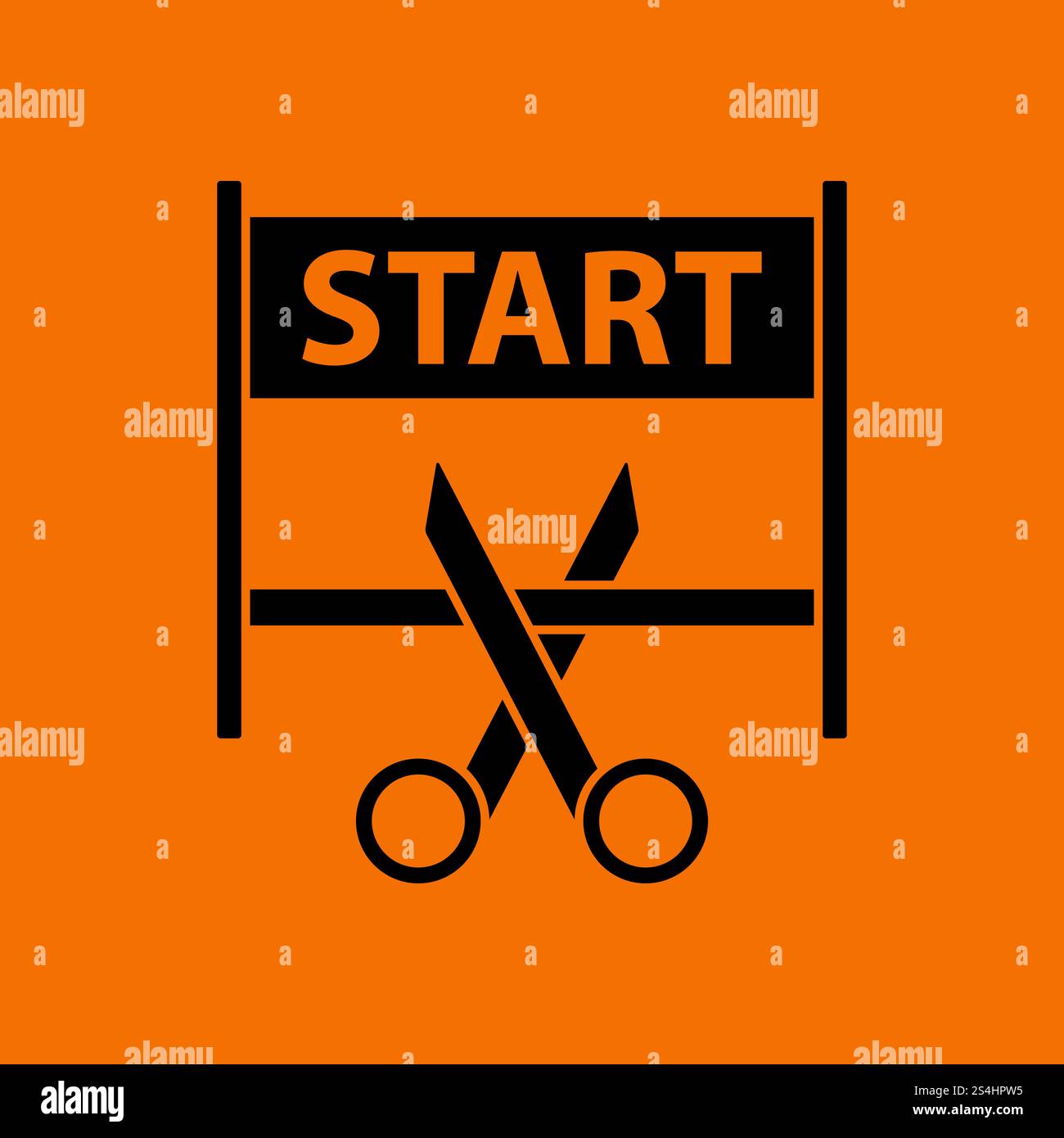 Scissors Cutting Tape Between Start Gate Icon. Black on Orange Background. Vector Illustration. Stock Vector