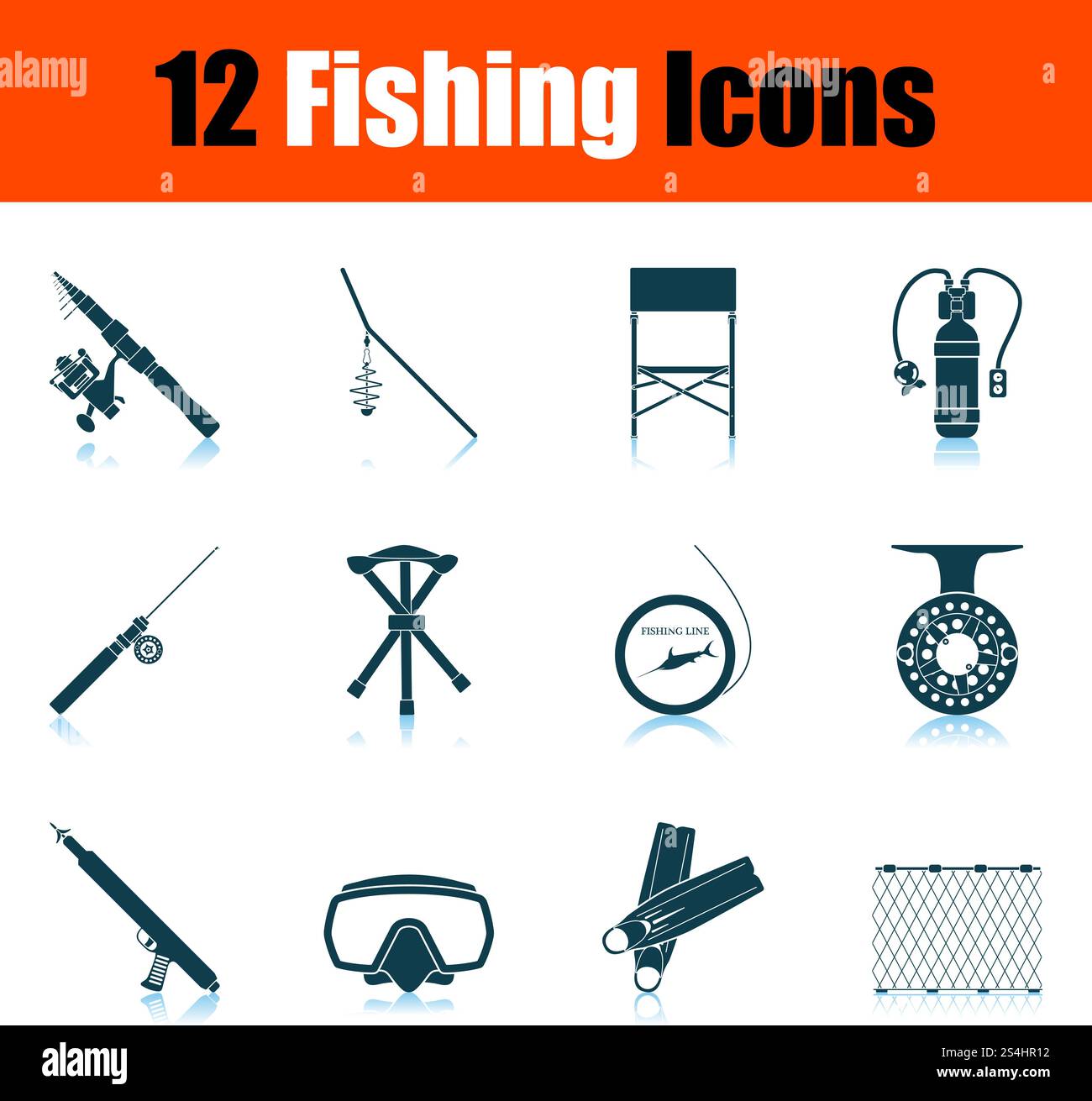 Fishing Icon Set. Shadow Reflection Design. Vector Illustration. Stock Vector