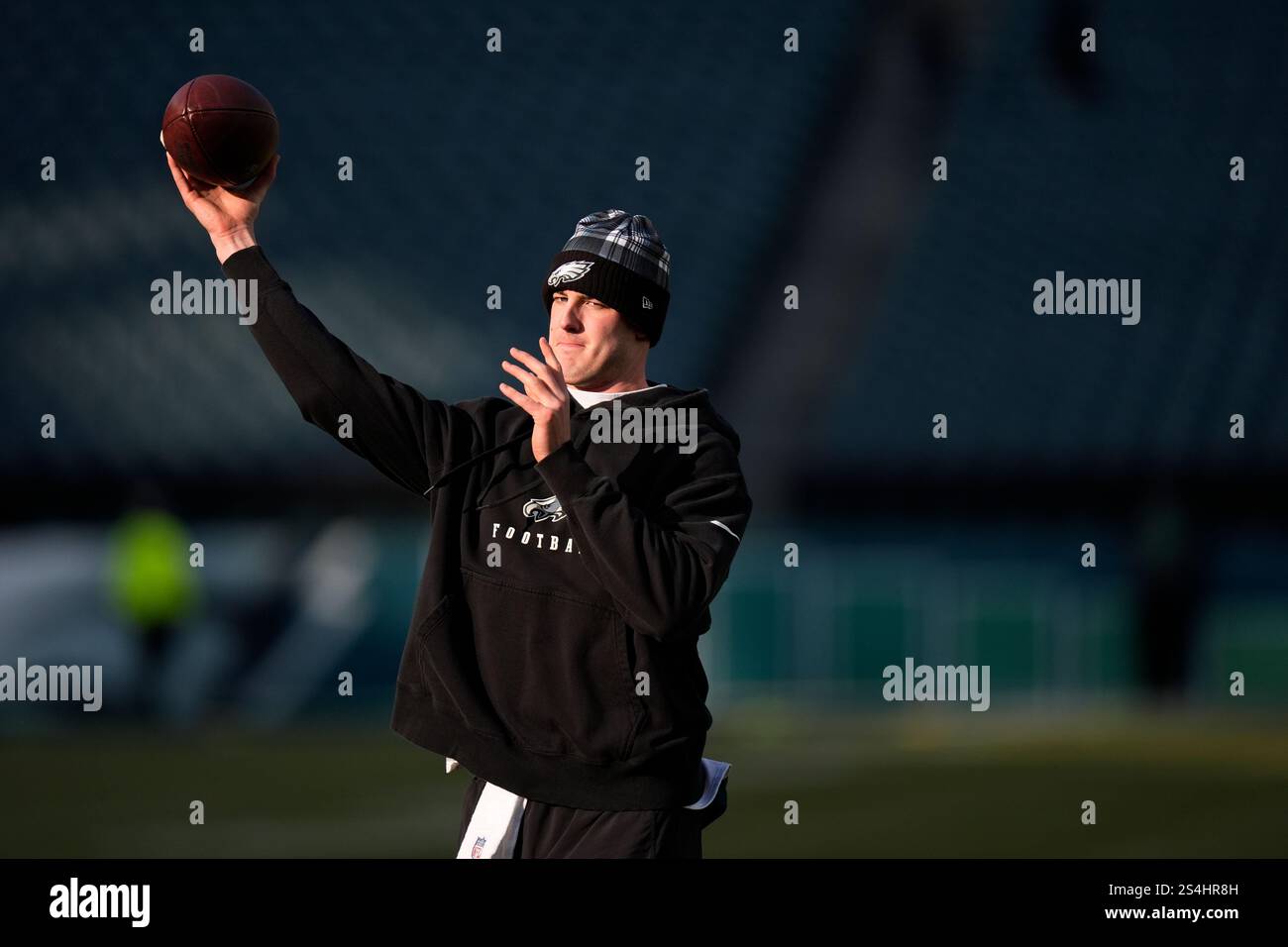 Philadelphia Eagles quarterback Tanner McKee warms up before an NFL